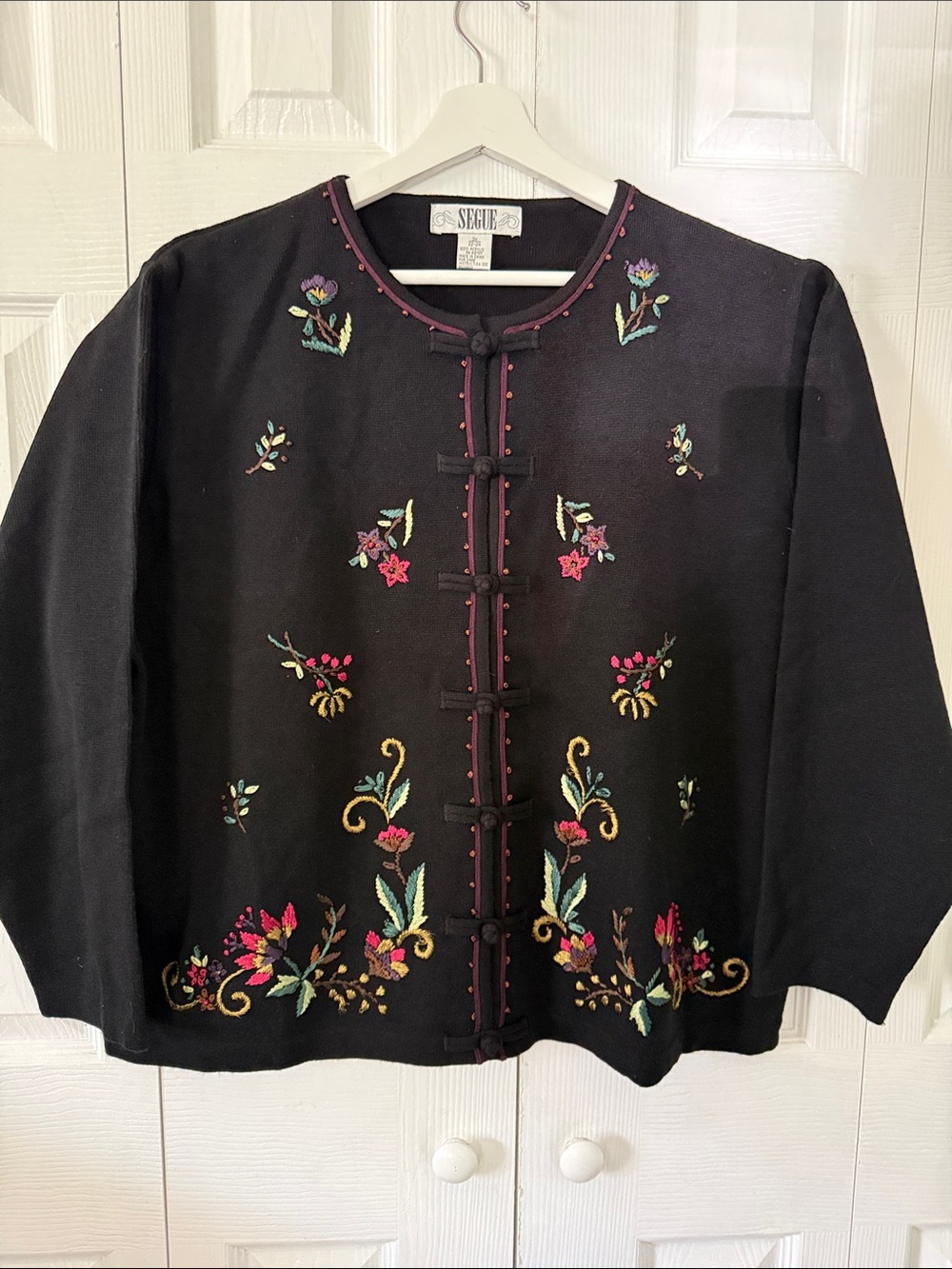 Vintage SEGUE Black Knit Cardigan with Embroidery Sz 3X